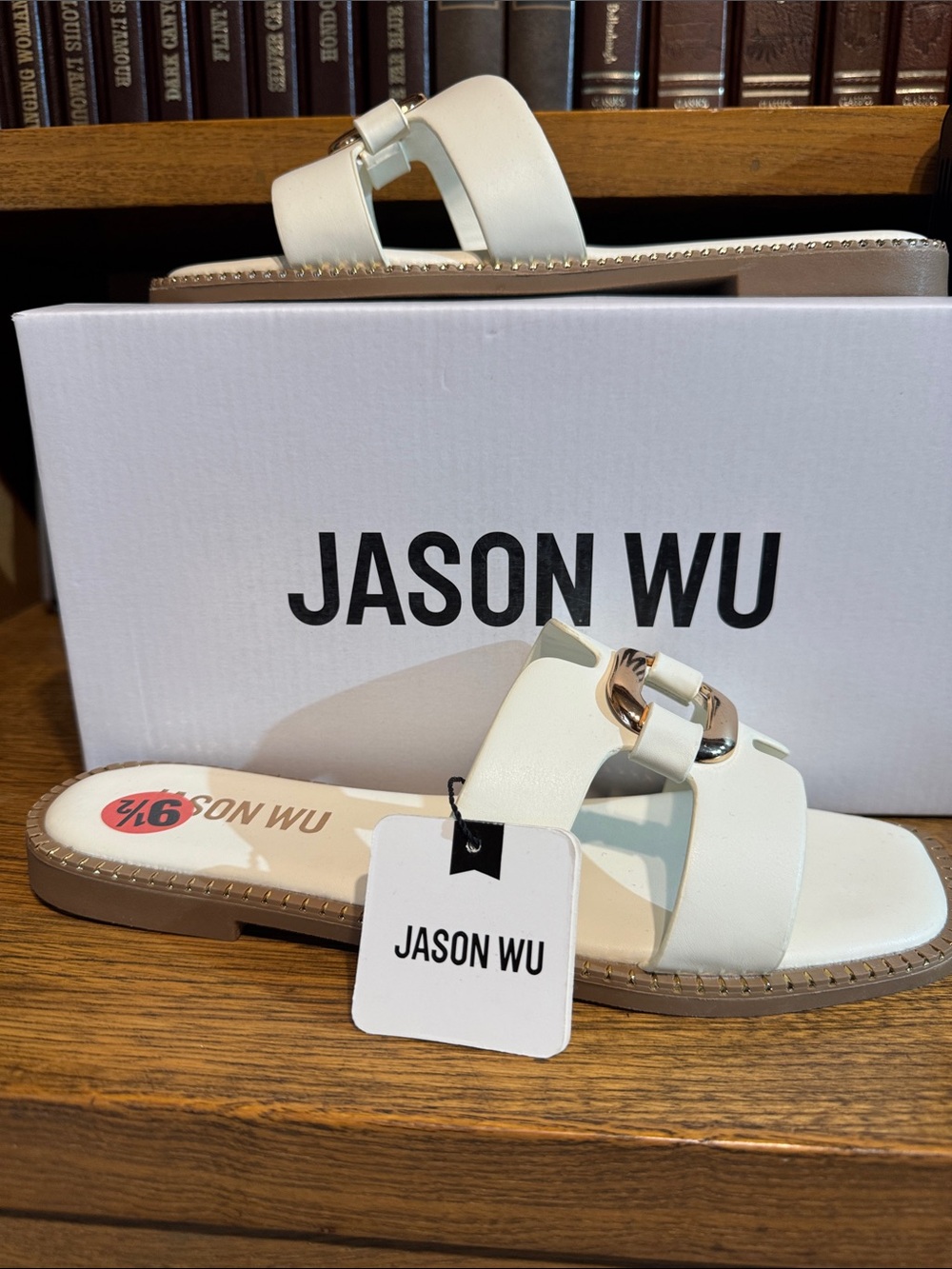 Jason Wu White Double-Strap Slide Sandals with Gold Buckle Accent